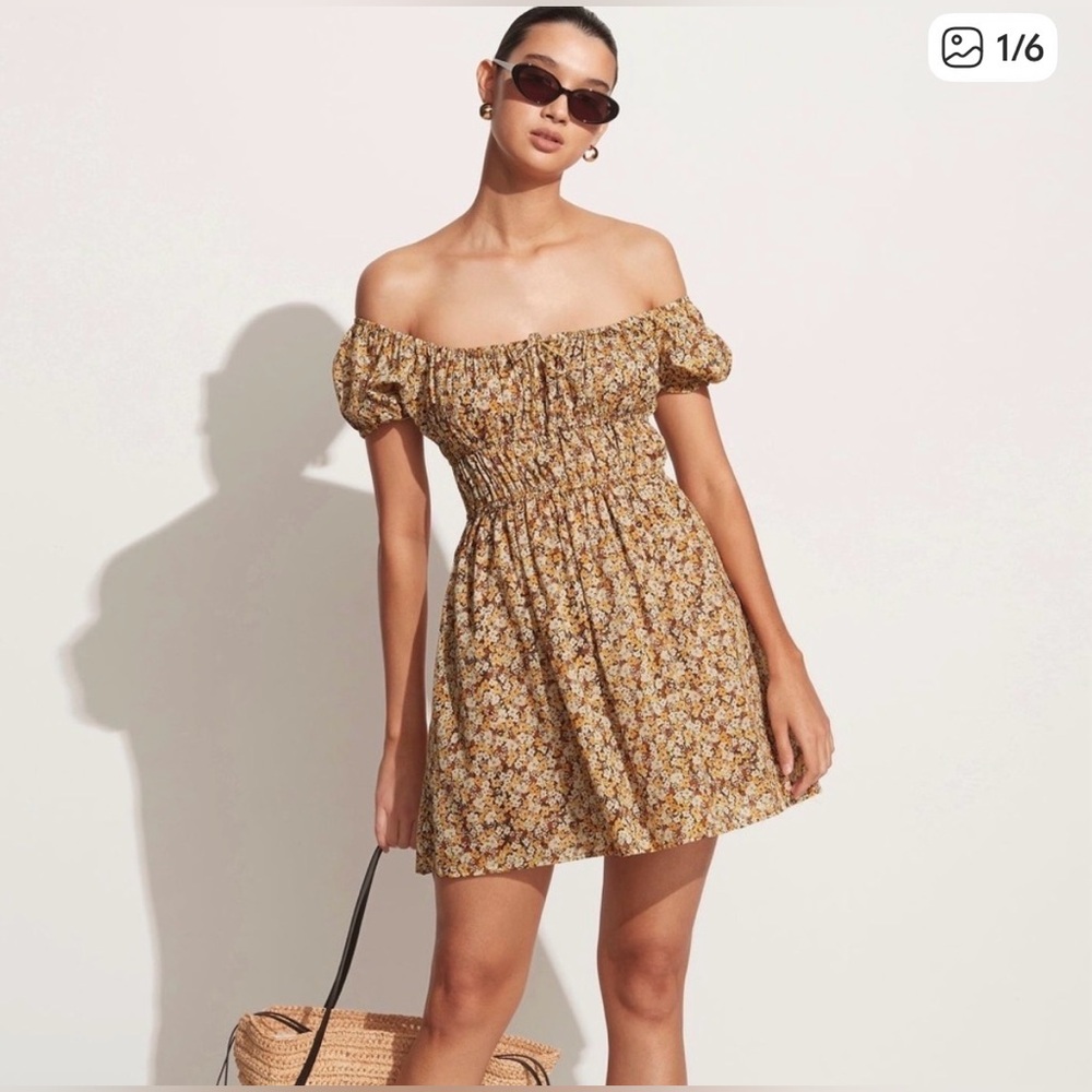 Faithfull the Brand Mustard Floral Off-Shoulder Mini Dress